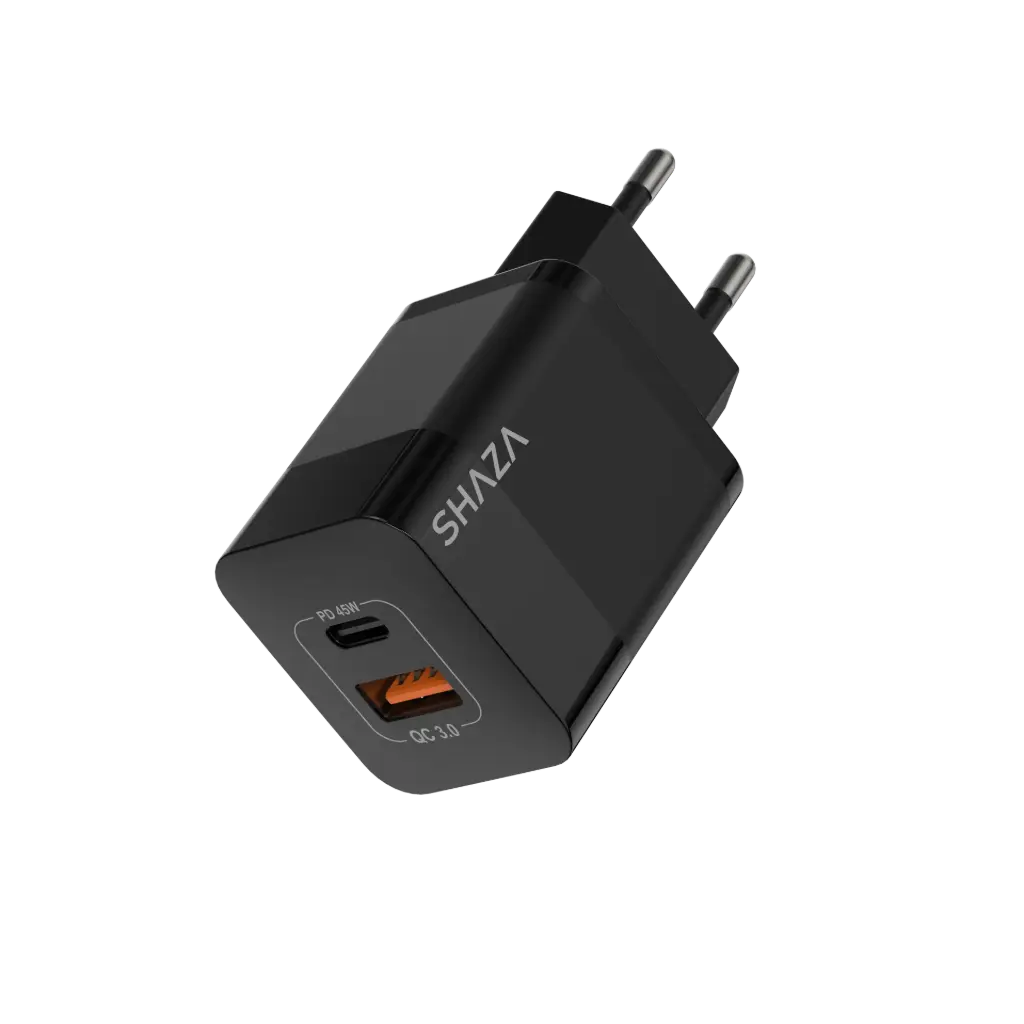 Shaza Ganpower 45W Dual Port USB-A QC3.0 and USB-C PD GAN Charger Adapter Black