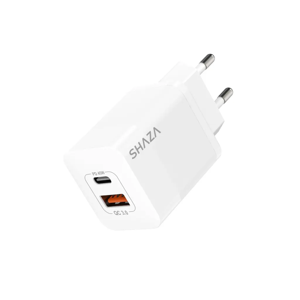 Shaza ganpower 45 W, adaptador de carga GAN con DOS puertos: USB-C PD y USB-A QC3.0, blanco